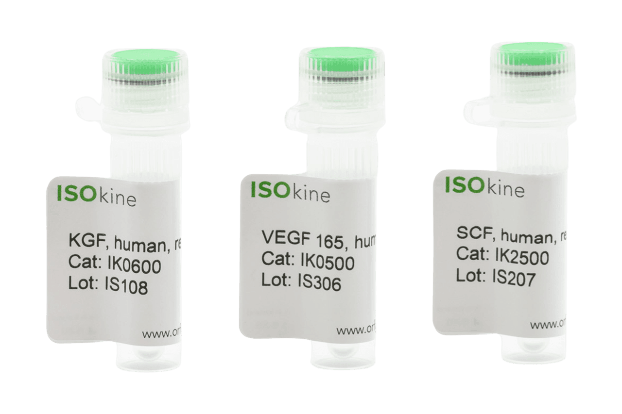 Three ISOkine laboratory vials with green caps labeled KGF, VEGF 165, and SCF